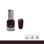 Nail polish bottle with a swatch of dark purple color on a white background