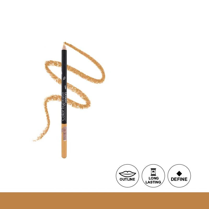 Makeup pencil with gold color swatch on a white background