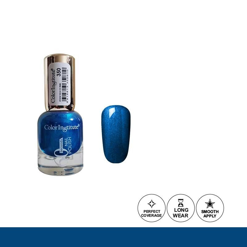 Blue nail polish bottle with a matching nail color on a white background