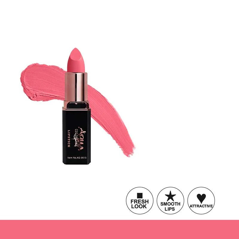 Pink lipstick with brand name on a white background