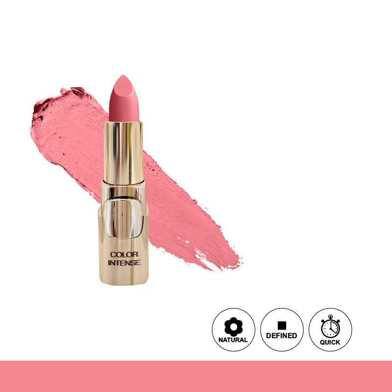 Pink lipstick with a swatch on a white background