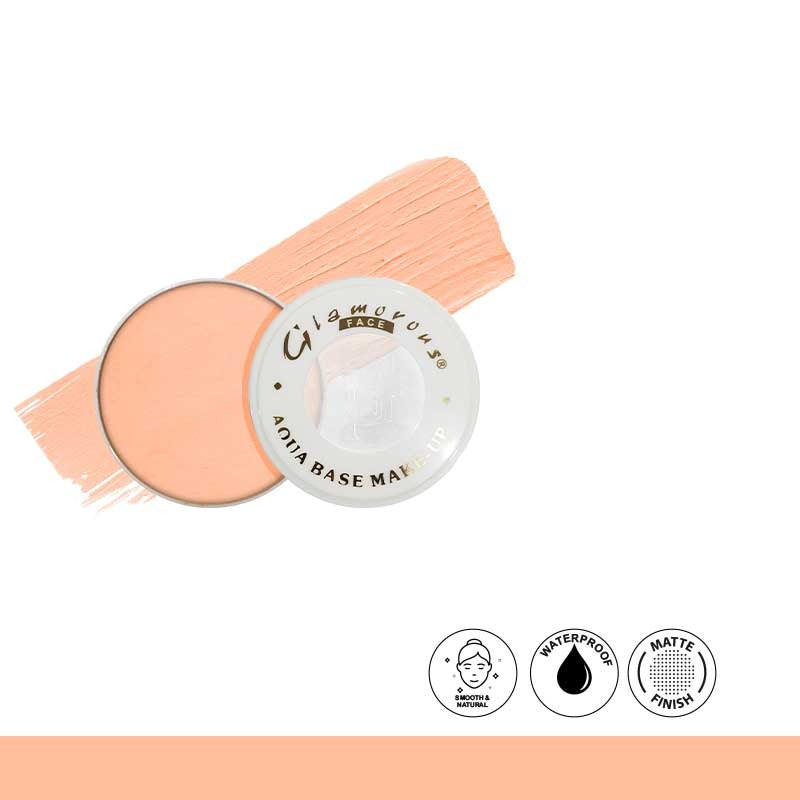 Glamorous Aqua Base Make-up with peach-colored base and top, on a white background.