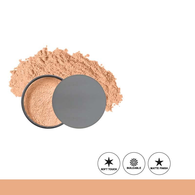 Cosmetic powder in a black container with a gray lid on a white background, featuring icons for soft touch, buildable, and matte finish.