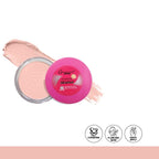 Pink makeup compact with brand logo on a white background