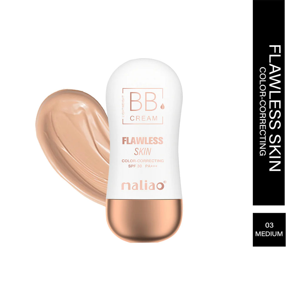 BB cream bottle with applicator and color swatch on a white background