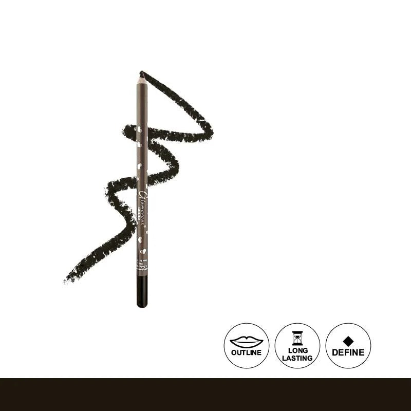 Black eyeliner pencil with a wavy line on a white background, featuring icons for outline, long-lasting, and define.
