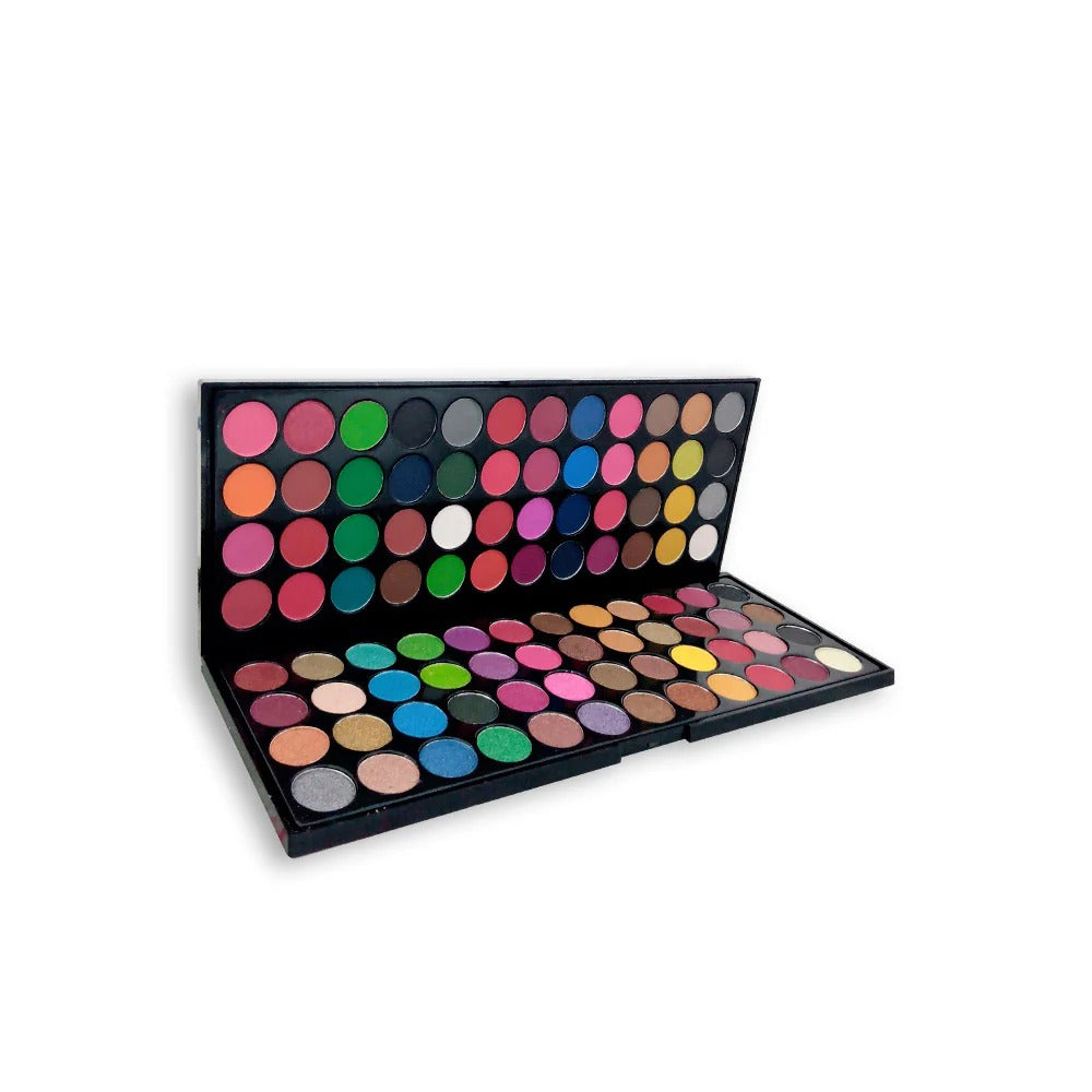 Makeup palette with various colors on a white background