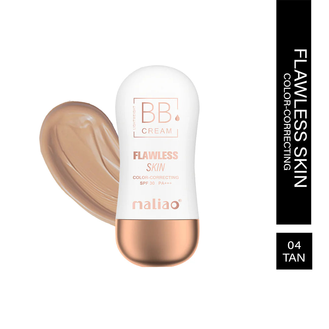 BB cream bottle with tan color swatch on a white background, featuring the brand 'maliao'.