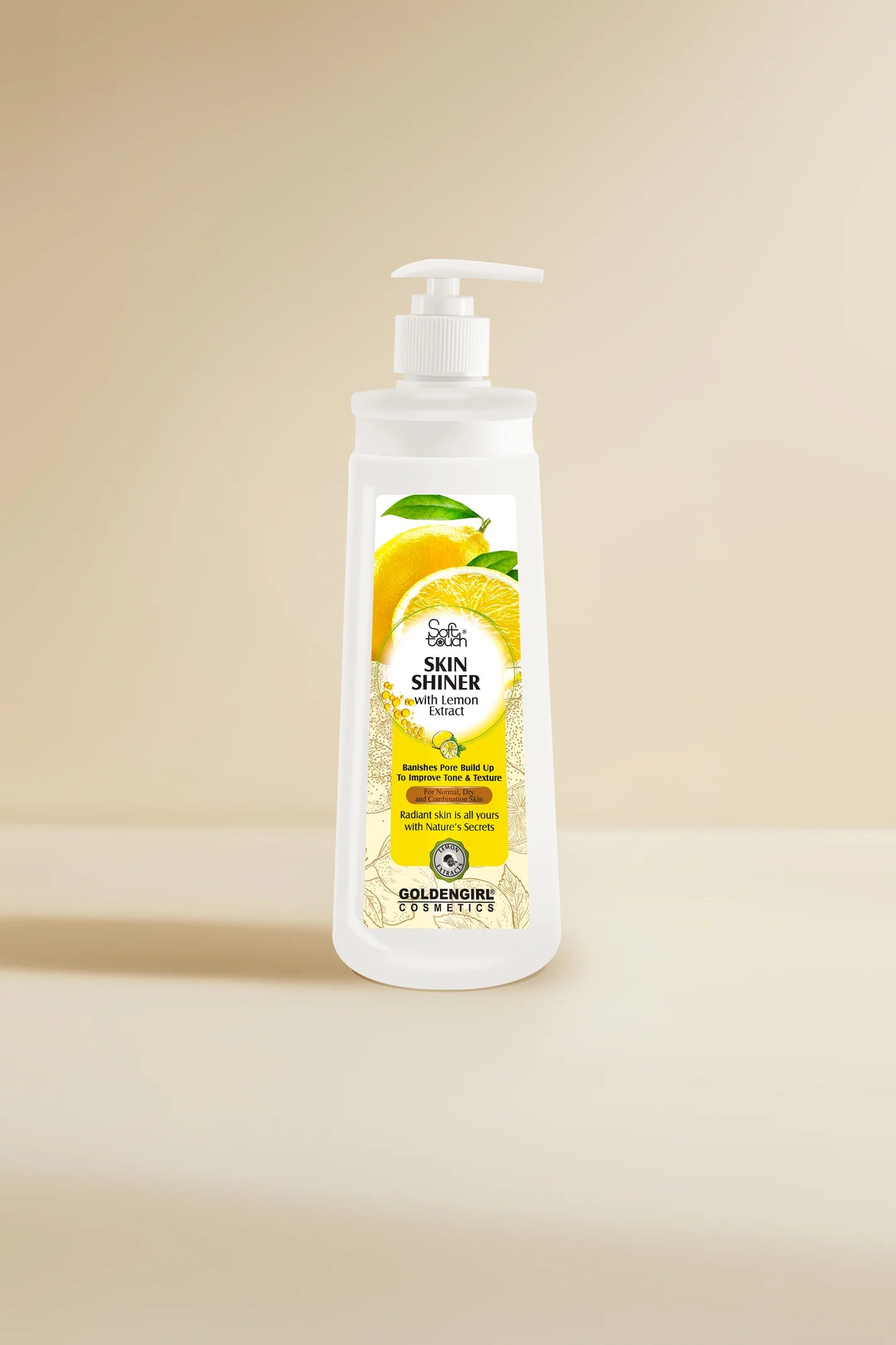 Bottle of Golden Girl Skin Shiner on a beige background