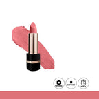 Pink lipstick with a swatch on a white background