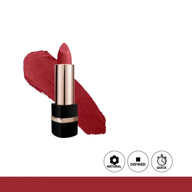 Lipstick with a swatch of red color on a white background