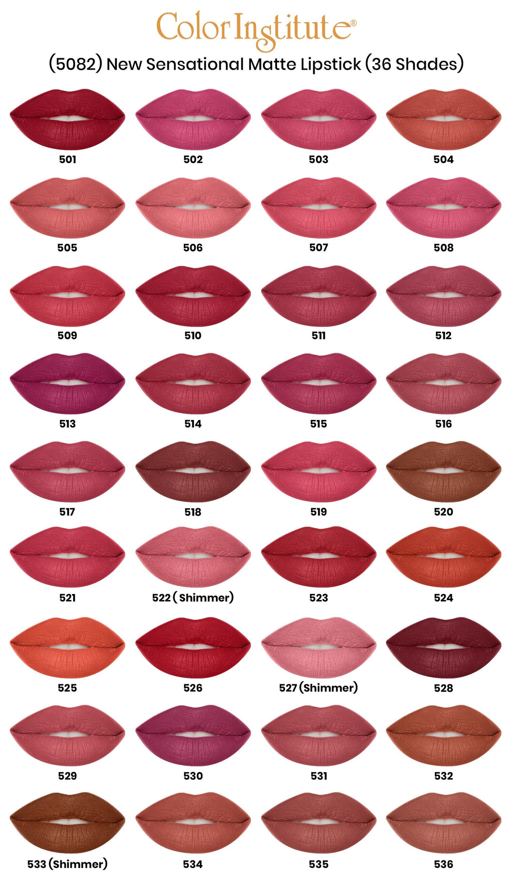 Color Institute lipstick color chart with various shades on lips