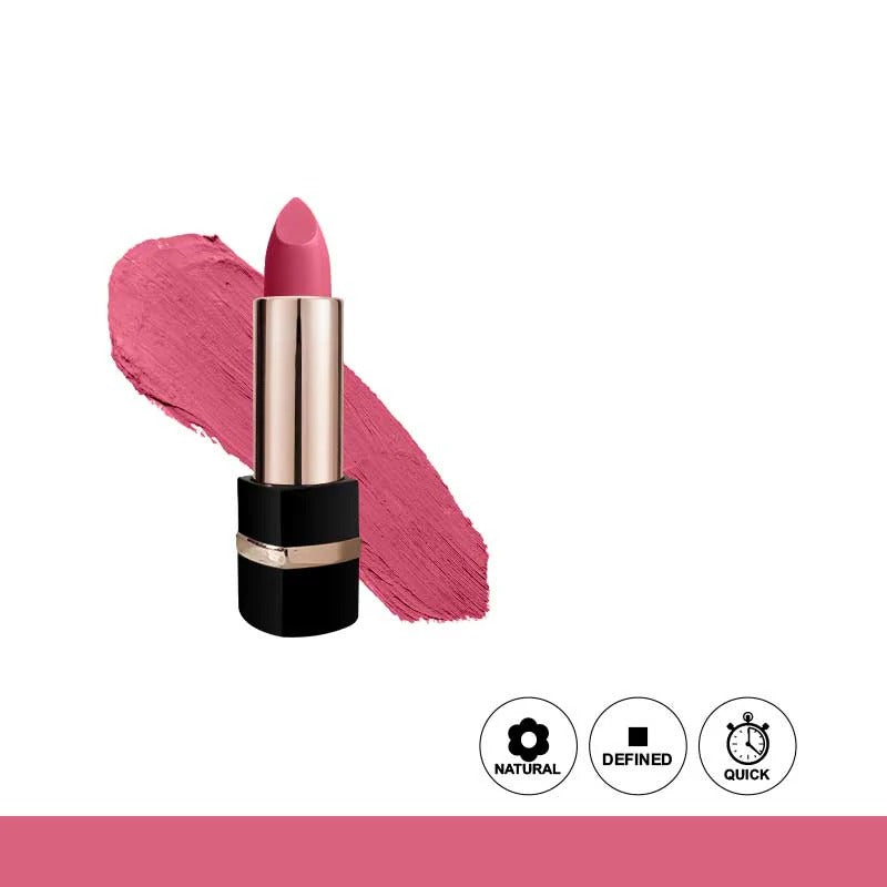 Pink lipstick with a swatch on a white background