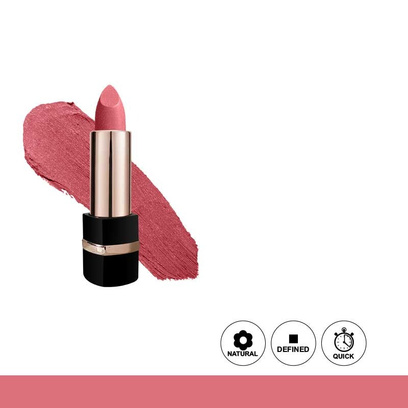 Pink lipstick with a swatch on a white background