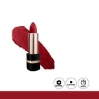 Red lipstick with a swatch on a white background