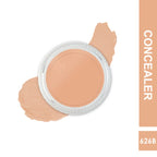 Concealer jar with applicator and swatch on a white background