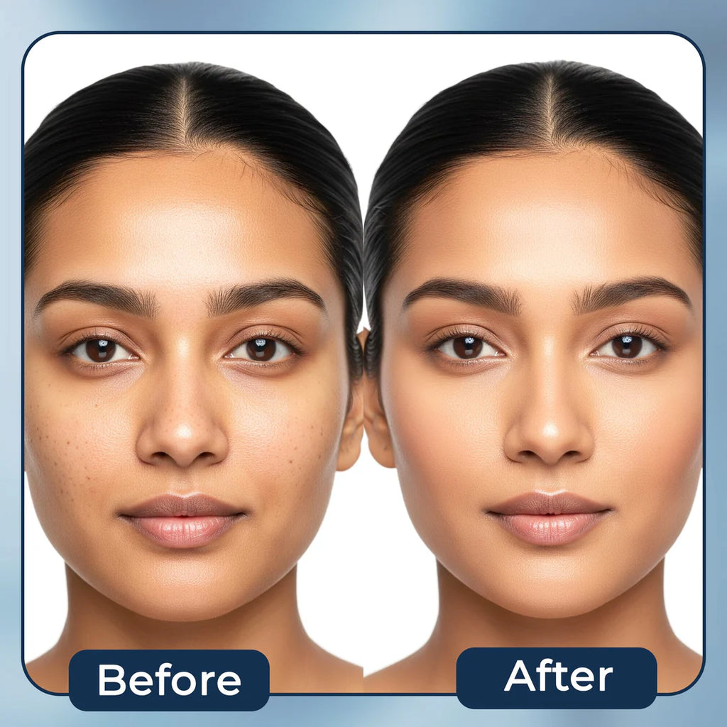 Before and after comparison of use of Maliao Matte Finish Face Primer with 'Before' on the left and 'After' on the right.