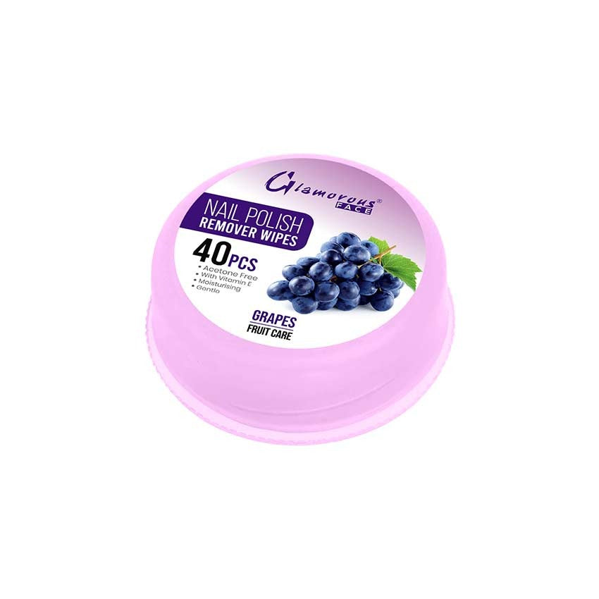 Pink container of nail polish remover wipes with grapes on a white background
