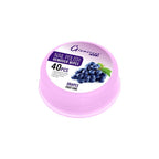 Pink container of nail polish remover wipes with grapes on a white background