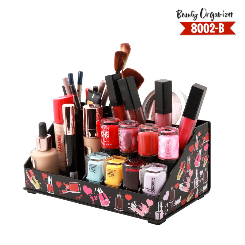 Makeup organizer with various cosmetic items on a white background