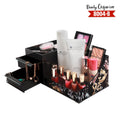 Black beauty organizer with makeup products and jewelry on a white background