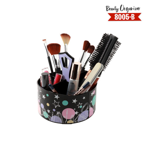 Cosmetic organizer with makeup brushes and tools on a white background