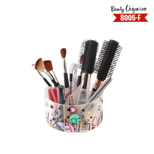 Beauty organizer with makeup brushes and tools on a white background