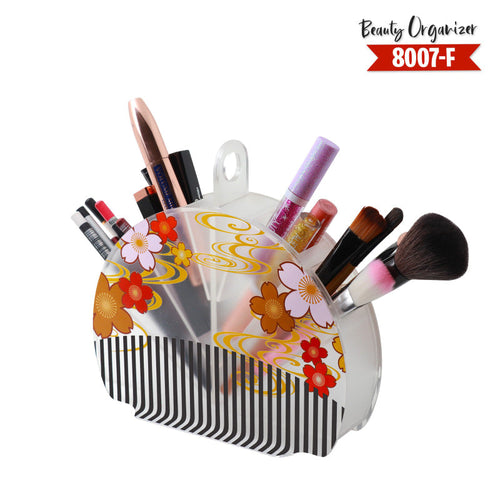 Decorative beauty organizer with makeup items on a white background