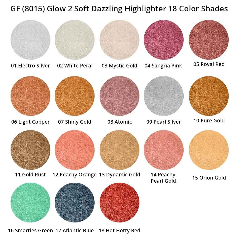 Color swatches of a soft dazzling highlighter with names and numbers