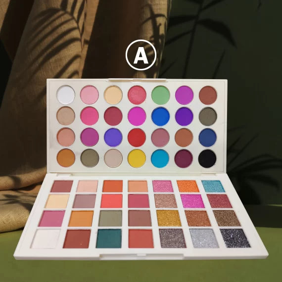 Makeup palette with various colors on a dark background