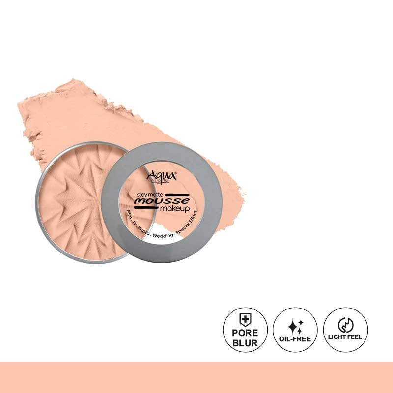 Aqua mousse makeup with a ring showing the brand name on a white background