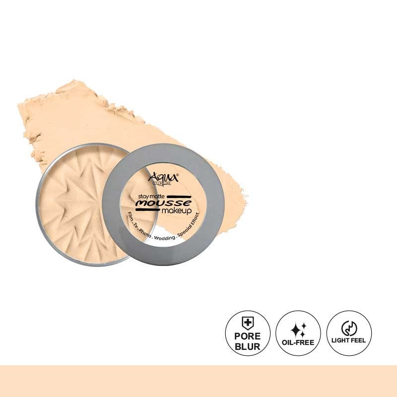 Mousse makeup with a container on a white background, featuring the brand 'Aqua'.