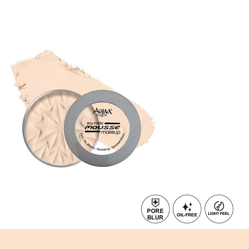 Mousse makeup with a round applicator on a white background, featuring the Agima brand.