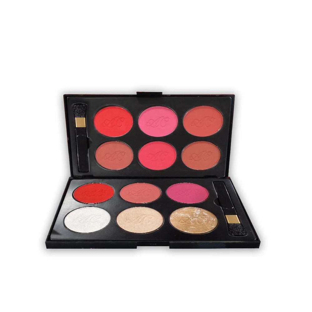 Makeup palette with various shades of blush and bronzer on a white background