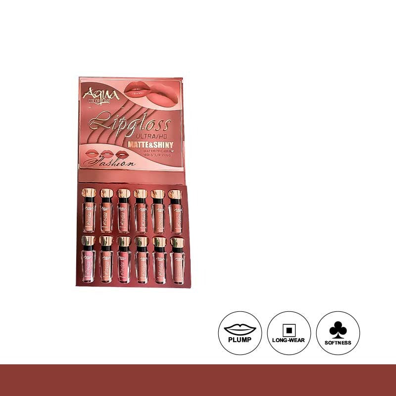 Set of lip glosses in a display case with branding and product features on a white background.