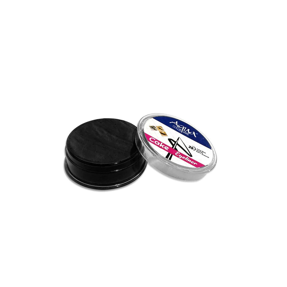 Black cake eyeliner with a branded container on a white background