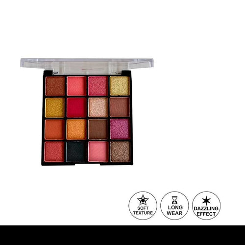 Makeup palette with various colors and brand icons on a white background
