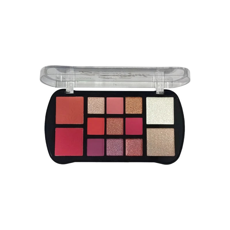 Makeup palette with various colors on a white background