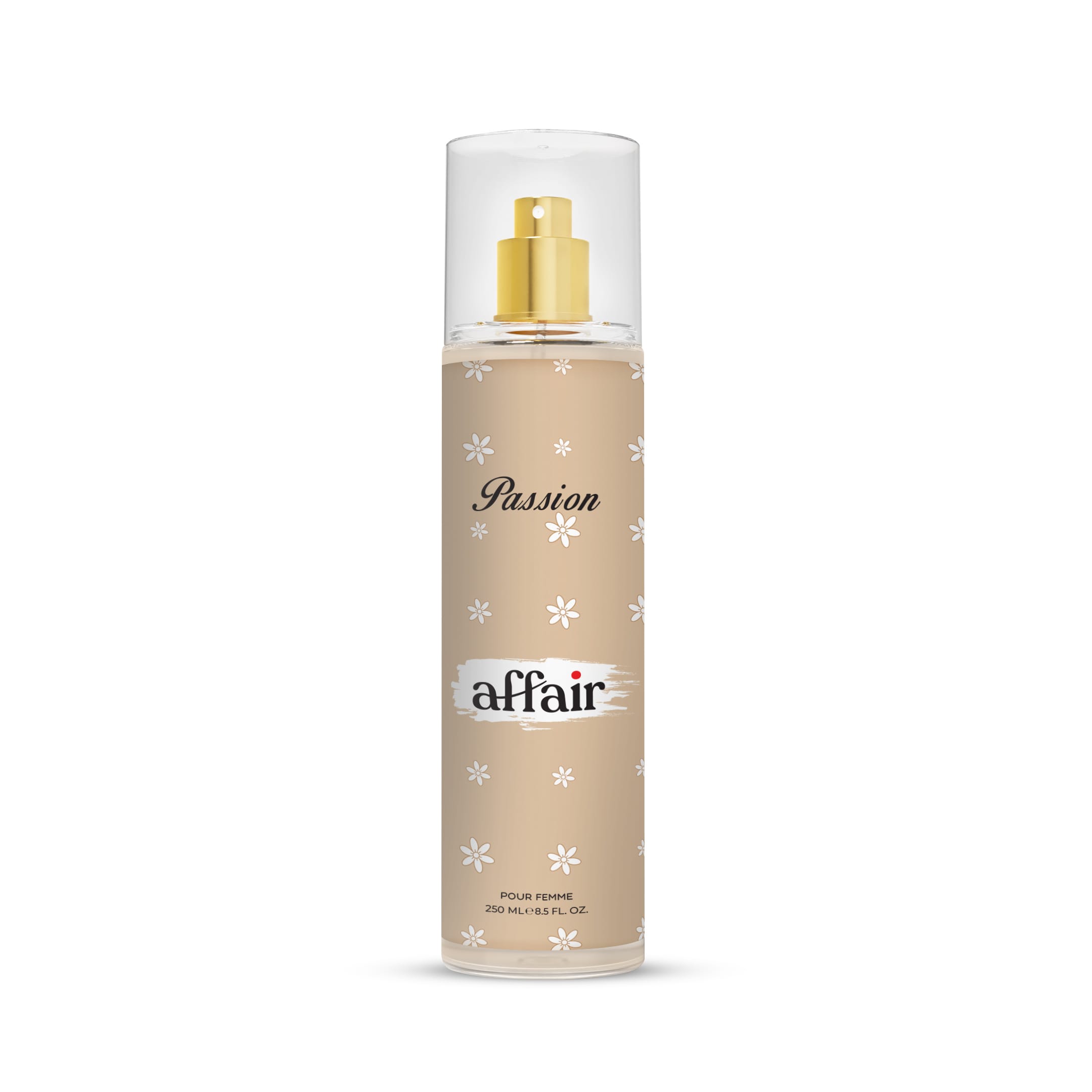 Perfume bottle labeled 'affair' with a beige body and white flowers on a white background