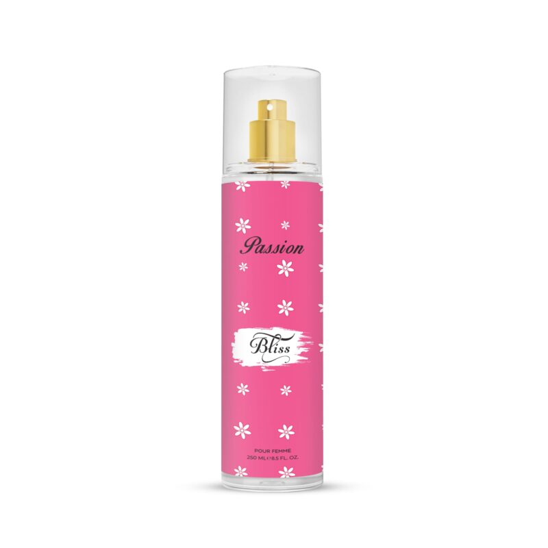 Perfume bottle with pink label and white floral design on a white background