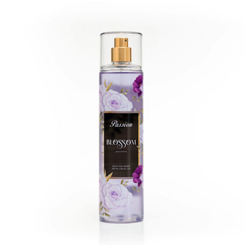 Bottle of 'Passion Blossom' perfume with floral design on a white background