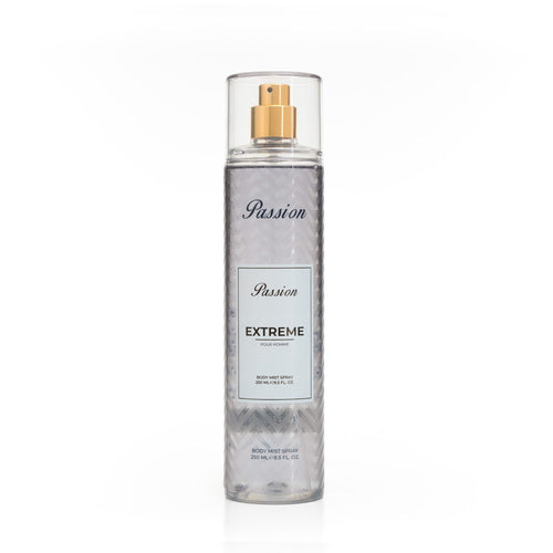Body spray bottle labeled 'Passion Extreme' on a white background