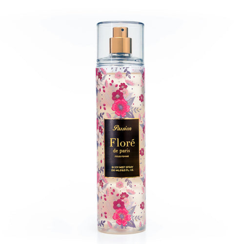 Floral-patterned body spray bottle with 'Flore de Paris' branding on a white background