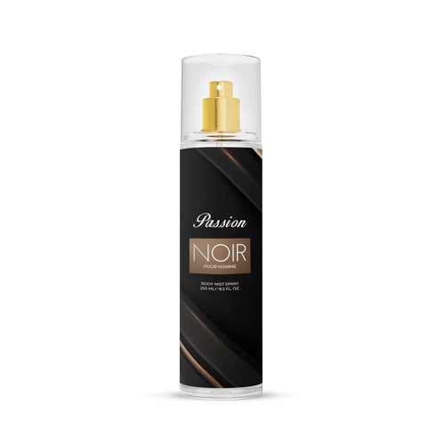 Perfume bottle labeled 'Passion Noir' on a white background