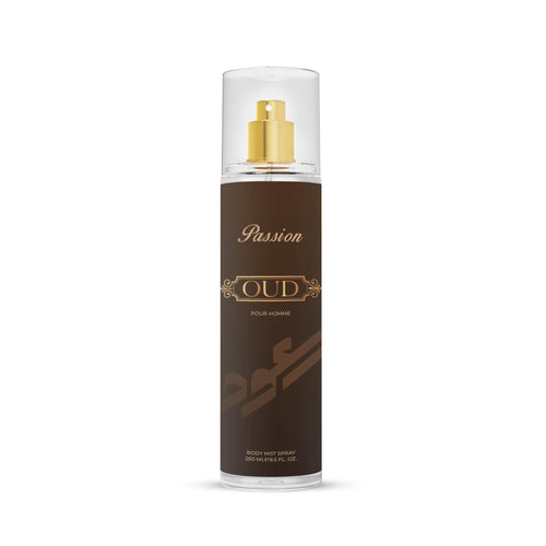 Brown spray bottle labeled 'Oud' on a white background