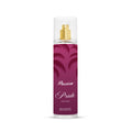 Body mist spray with pink label and gold cap on white background