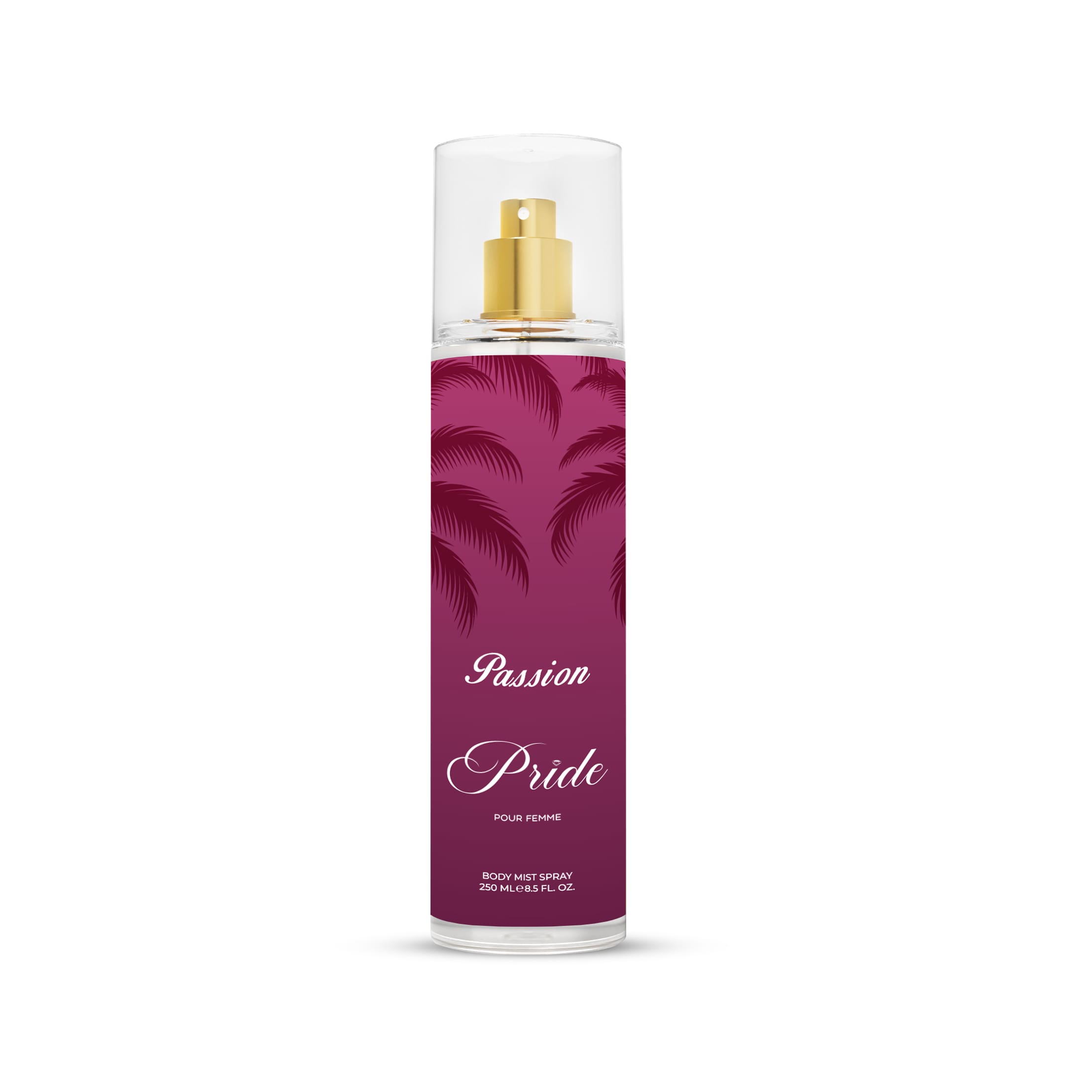 Body mist spray with pink label and gold cap on white background