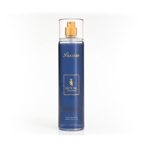 Blue spray bottle labeled 'Passion' with 'Royal' branding on a white background