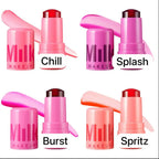 Set of pink makeup products with labels 'Chill', 'Splash', 'Burst', and 'Spritz' on a white background.