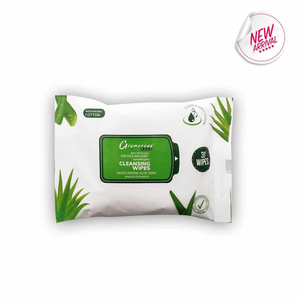 Pack of cleansing wipes with aloe vera on a white background